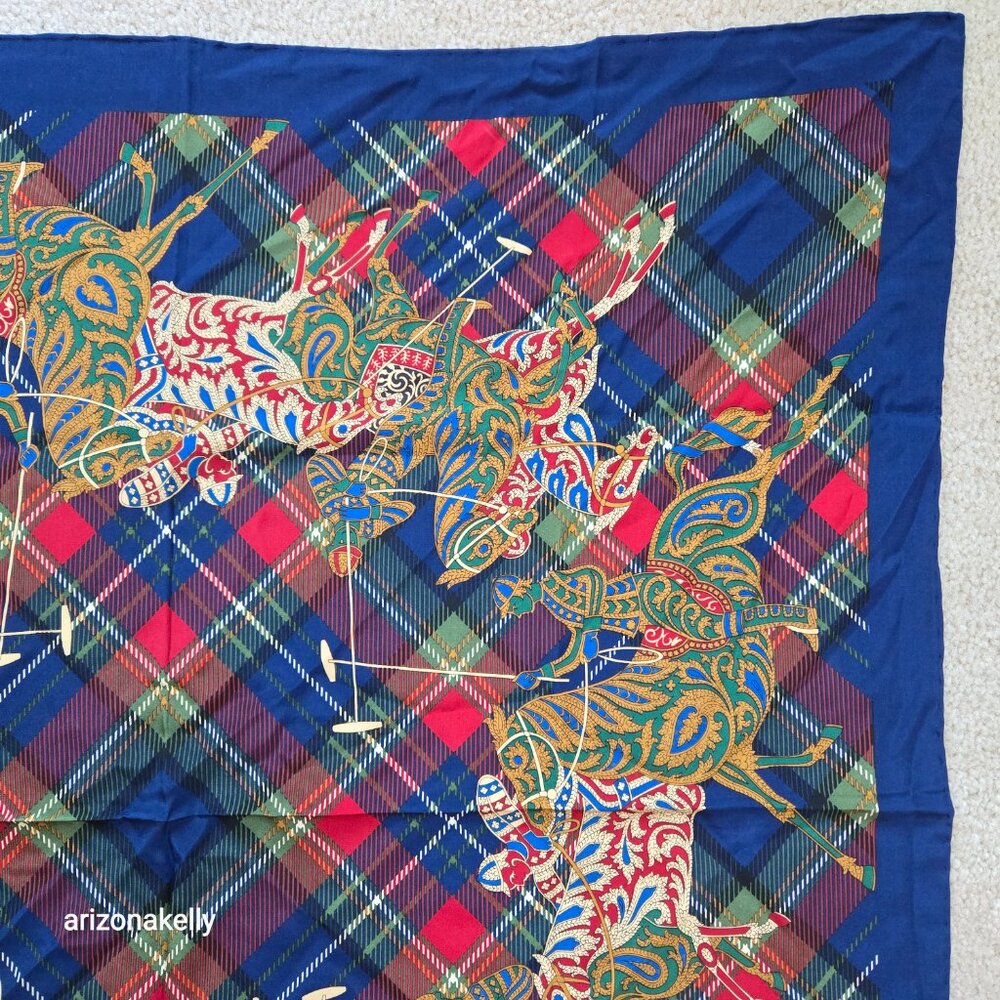 Vintage Carlisle Silk Scarf Plaid Polo Horses Equestrian Hand Rolled Preppy - Picture 7 of 9